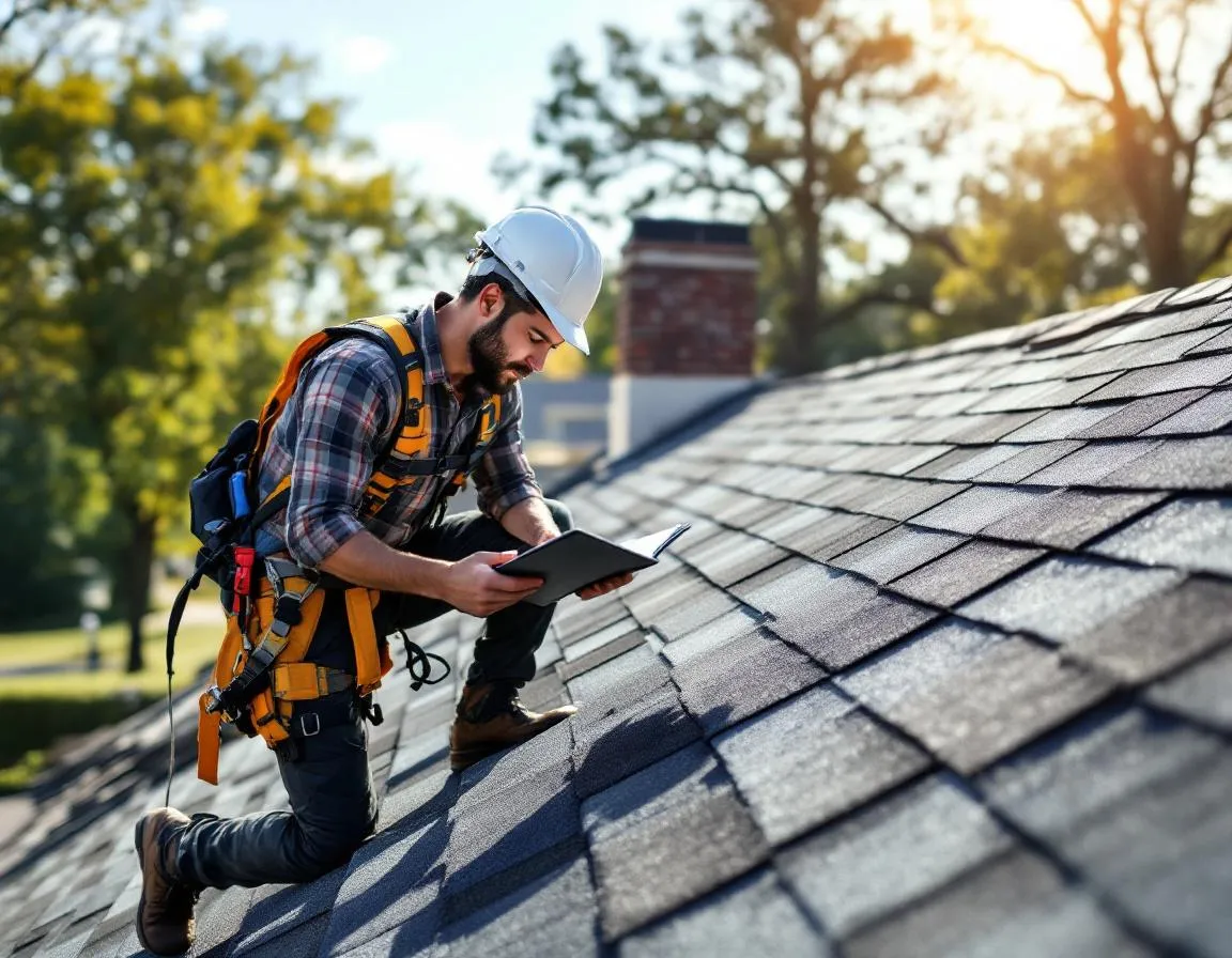 Professional roof inspector examining shingles on a residential roof